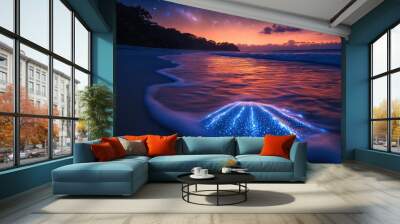 A glowing bioluminescent organism on a sandy beach at sunset, with the Milky Way visible in the sky above. Wall mural