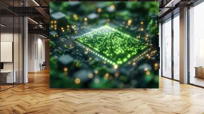 A glowing green circuit board with a leafy pattern, symbolizing the connection between technology and nature. Wall mural