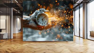 A hand holds a clock, engulfed in flames and dust. Wall mural