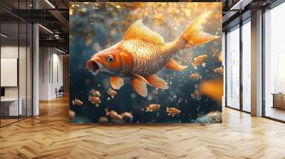 A large, orange goldfish swims through a school of smaller fish in a dark, mysterious pond. Wall mural