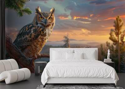 A large owl is perched on a tree branch in a forest. Generate AI image Wall mural