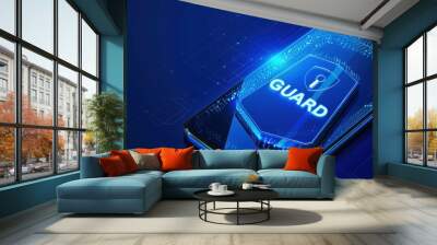 A modern smartphone set against a deep blue background, adorned with a security shield icon on its screen. Wall mural