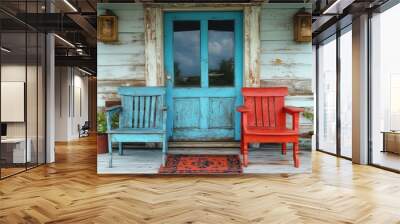 A rustic porch with a blue door and two chairs, one red and one blue, is captured in this photo. Wall mural