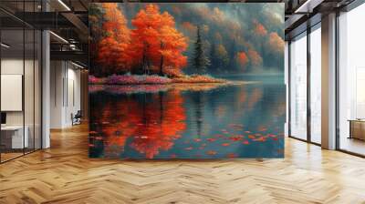 A serene lake reflecting vibrant autumn foliage in a misty forest landscape. Wall mural