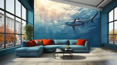 A shark is swimming in the ocean with the sun shining on it. Generate AI image Wall mural