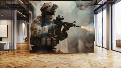 A soldier is firing a weapon in a smokey, war-torn city. Generate AI image Wall mural