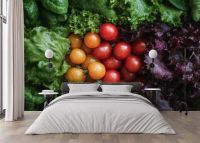 A vibrant arrangement of fresh cherry tomatoes, green lettuce, and red lettuce, forming a colorful pattern. Wall mural