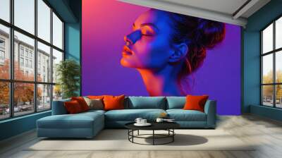 A woman with a purple background and a pinkish glow on her face. Generate AI image Wall mural