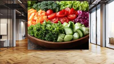 A wooden bowl filled with colorful chopped vegetables, including papaya, tomatoes, cucumber, red cabbage, broccoli and lettuce. Wall mural