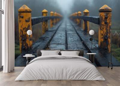 A wooden bridge with yellow railings, disappearing into the fog. Wall mural