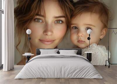 A young mother with brown hair and green eyes smiles at the camera while holding her baby girl. Wall mural