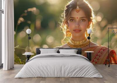 Beautiful woman in a red and gold saree with a bindi on her forehead and traditional jewelry, looking at the camera in a field of grass. Wall mural