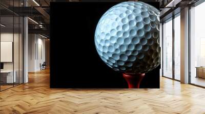 Close-up of a white golf ball on a tee against a black background. Wall mural