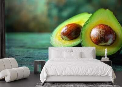 Close-up of two halved avocados with pits on a rustic green wooden surface. Wall mural