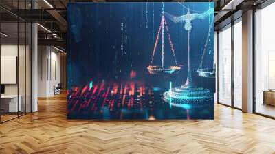 Digital scales of justice on a futuristic background. Generate AI image Wall mural