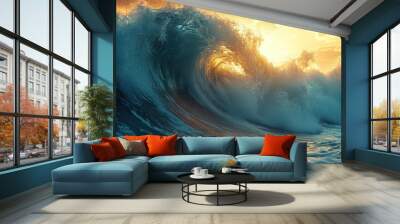 Large ocean wave crashing at sunset. Wall mural