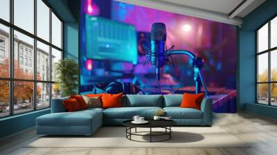 Modern podcast studio with microphone and headphone colorful concept. Generate AI image Wall mural