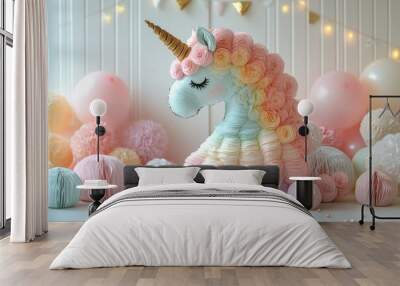 Pastel unicorn plush toy with pink, yellow, and blue balloons and paper flowers. Wall mural