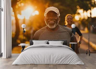 Portrait of a happy African American senior man running in the morning. Generate AI image Wall mural