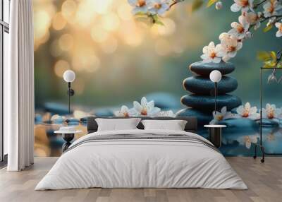 Stacked stones with cherry blossoms on a tranquil water surface with a blurred background. Wall mural