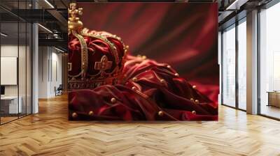 The majestic crown is placed on top of the pillow with red color. Generate AI image Wall mural