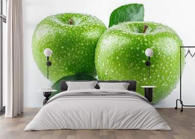 Two green apples with water drops on their skin. Wall mural