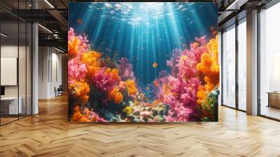 Vibrant coral reef with colorful fish and sunbeams. Wall mural