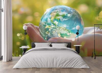 Woman hand holding a glass planet Earth on a green grass. Generate AI image Wall mural