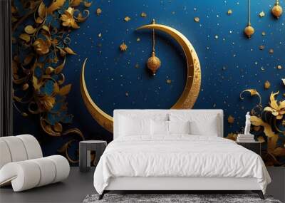 A golden crescent moon with gold sparkles on a Blue backdrop is shown in this illustration for Eid al-Fitr. Wall mural