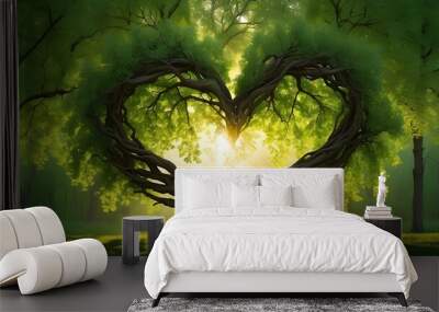 An evocative sight unfolds as the foliage of poplar trees forms a heart-shaped silhouette, accentuating the beauty of two gracefully textured tree trunks adorned with verdant green leaves, illuminated Wall mural