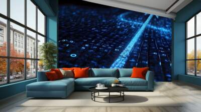 Right-pointing digital arrow formed by a vivid blue matrix binary code Wall mural