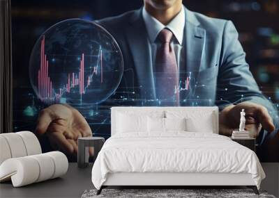 The stock market, business expansion, advancement, or success notion. A merchant or businessperson is displaying an expanding virtual hologram. Wall mural