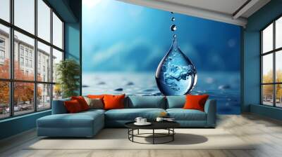 World Water Day. A realistic water droplet dropping over a background of the blue sea Wall mural