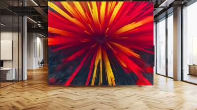 Abstract art with a vibrant red, yellow, and black color scheme. The lines converge in the center, creating a sense of depth and energy. Wall mural