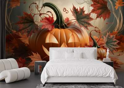 Halloween pumpkins 3d render illustration. Autumn season background with pumpkins and maple leafs. Thanksgiving day celebration background.  Wall mural