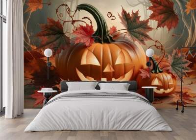 Halloween pumpkins 3d render illustration. Autumn season background with pumpkins and maple leafs. Thanksgiving day celebration background.  Wall mural