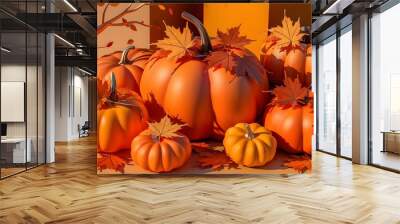 Halloween pumpkins 3d render illustration. Autumn season background with pumpkins and maple leafs. Thanksgiving day celebration background.  Wall mural