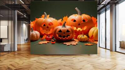 Halloween pumpkins 3d render illustration. Autumn season background with pumpkins and maple leafs. Thanksgiving day celebration background.  Wall mural