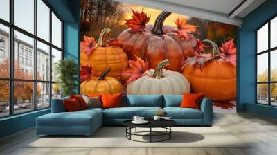 Halloween pumpkins 3d render illustration. Autumn season background with pumpkins and maple leafs. Thanksgiving day celebration background.  Wall mural