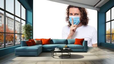 Man in medical mask. Pandemic coronavirus epidemic covid-19 quarantine isolated white Wall mural