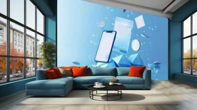 Abstract modern phone, credit bank card, and falling coins on a mobile screen. Save money and cashback concept. Light blue polygonal vector illustration. Cash back metaphor on technology background Wall mural