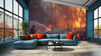 A large team of firefighters is walking through a forest fire. The fire is raging, the sky is dark. The scene is tense and dangerous. Wall mural