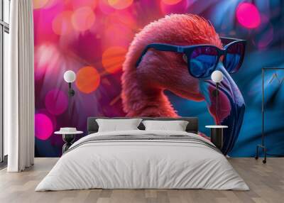 A pink flamingo wearing summer sunglasses against a summer background. Wall mural