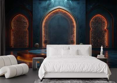 Illustration of Ramadan Kareem background with mosque Islamic style arches and Arabic patterns. Wall mural