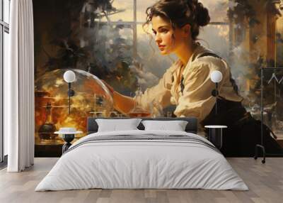 Beautiful young woman in steampunk costume sitting at the table near the window Wall mural