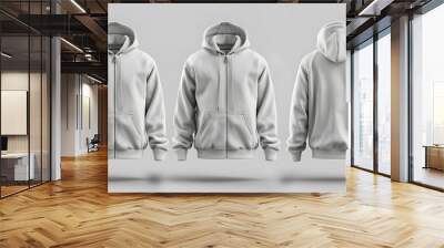 Blank hooded sweatshirt mockup with zipper in front, side and back views Wall mural