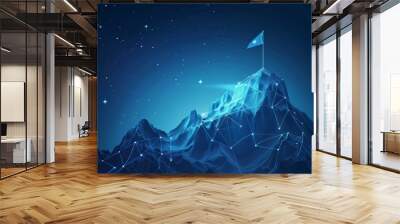 Digital mountain with a flag and a professional climbing businessman on the top. Abstract goals achievement and ambitions concept. Technology dark blue background with peaks and constellations Wall mural