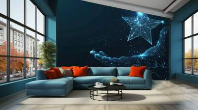 Digital star in abstract hand. Success concept. Low poly wireframe vector illustration with 3D effect in futuristic hologram blue style on technology background. Monochrome light Wall mural