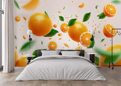 Falling juicy oranges with green leaves  Wall mural