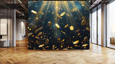 Photo of Abstract digital money rain concept. Gold coins fall on a dark background. Golden dollar coins. Jackpot or casino win concept Wall mural